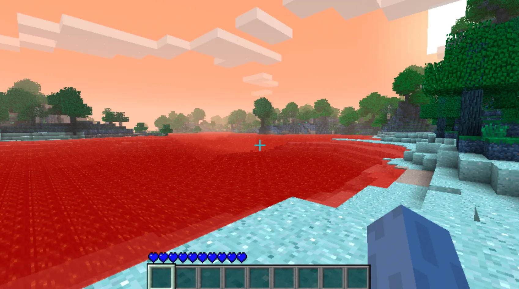 Minecraft, but red and blue channels are swapped making the sky, water red, and a blue heath bar