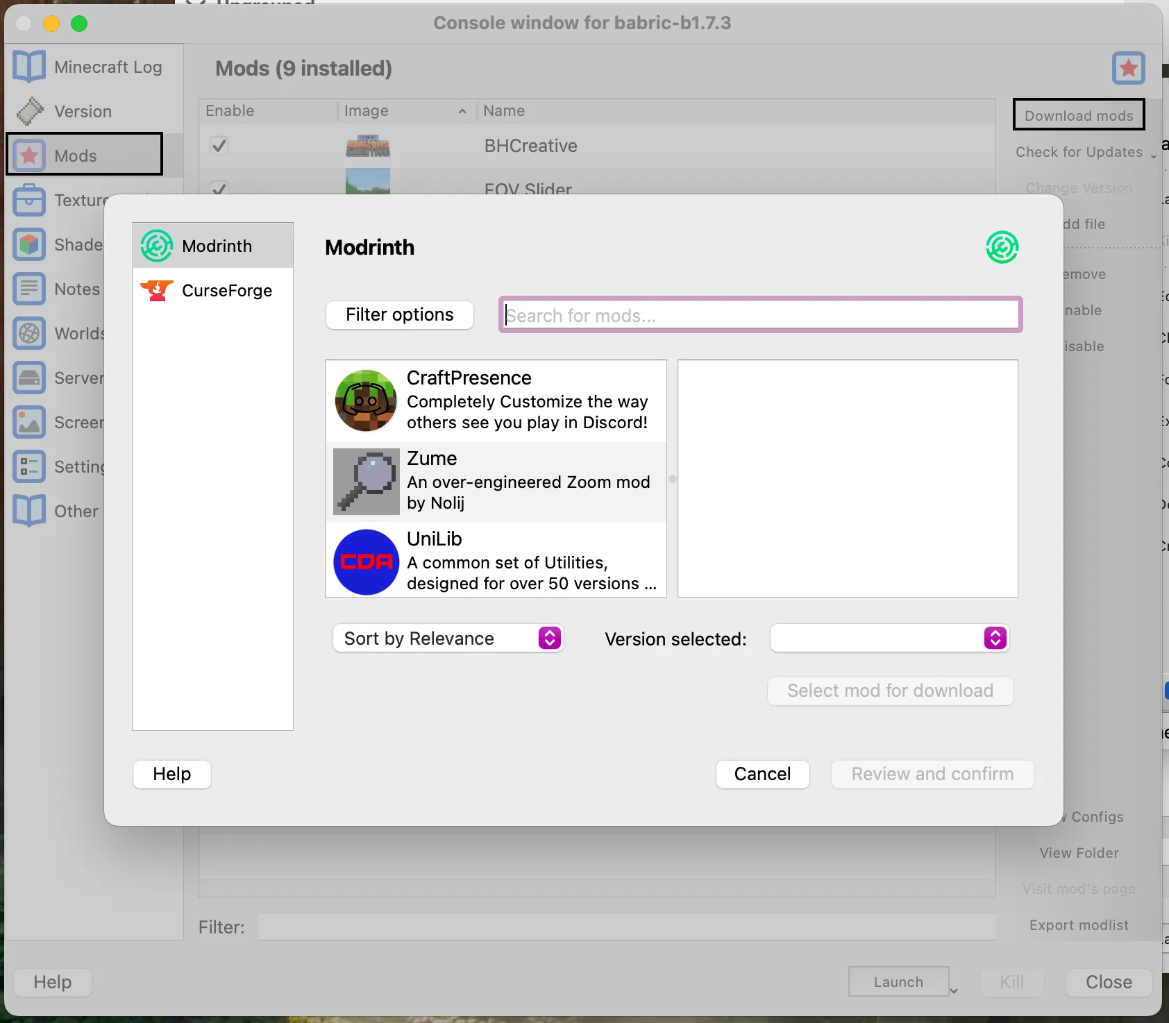 The mods tab in the Prism launcher