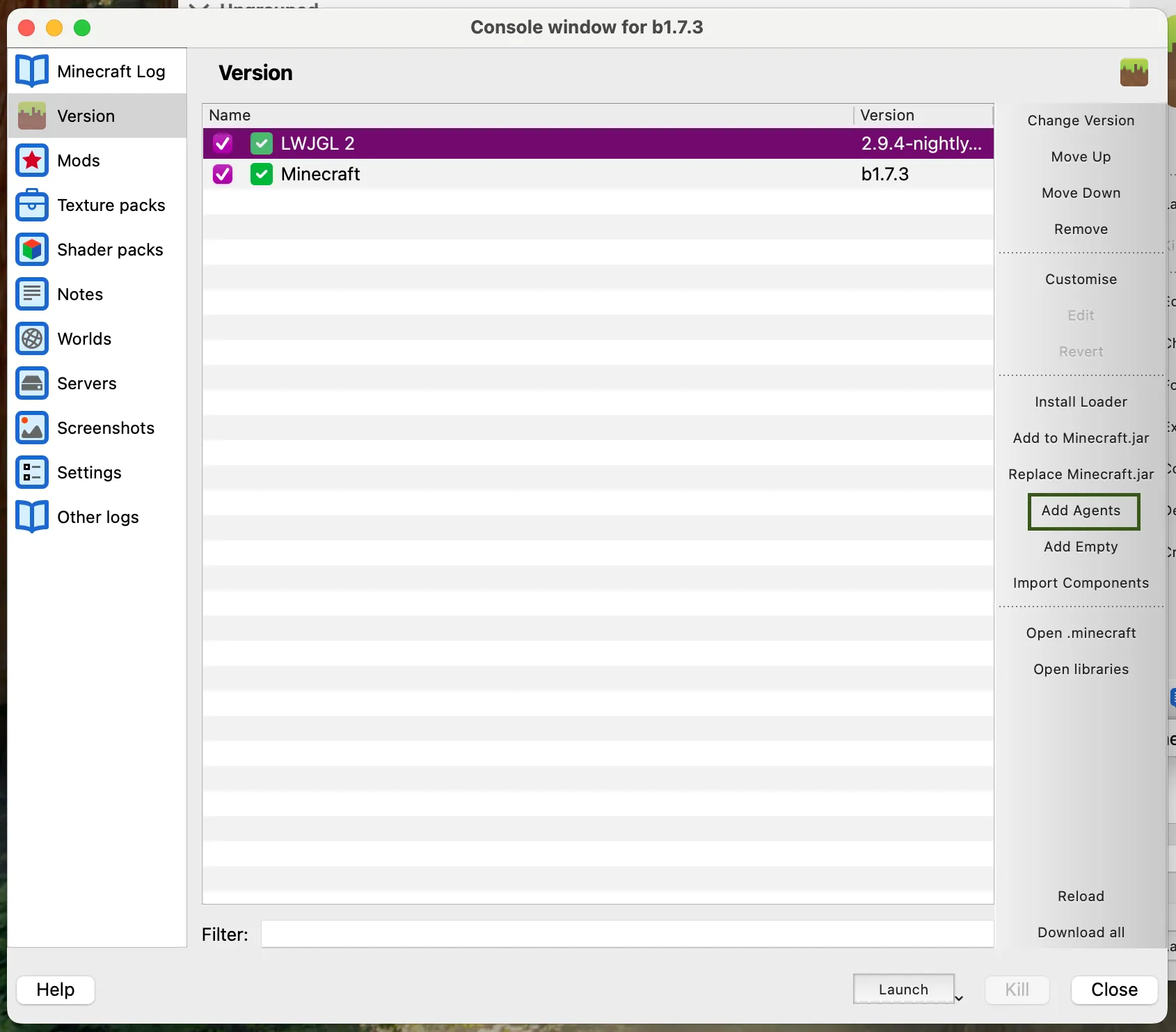 Prism launcher's "version" tab